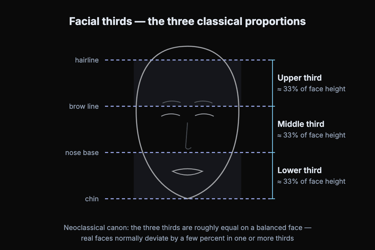 Diagram of the facial thirds on a front-view face: upper third from hairline to brow, middle third from brow to nose base, lower third from nose base to chin, each about 33 percent of face height