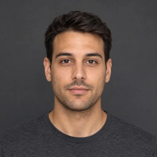 AI-generated portrait of a person facing the camera, evenly lit with a neutral, closed-mouth expression.