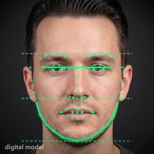 Digital model face with 68-point landmark detection overlay: eye line, jaw line and facial thirds