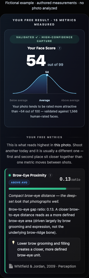Actual free scan results interface with fictional example data: Face Score and strongest supported measurement.
